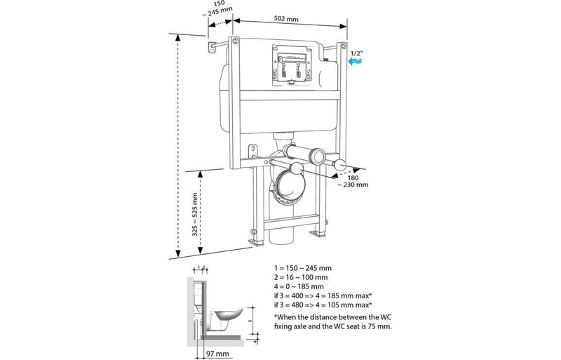 Low Height Wall Hung Toilet Frame and Cistern, Choose Flushplate (Suits furniture) - Refleck Flushplate Black