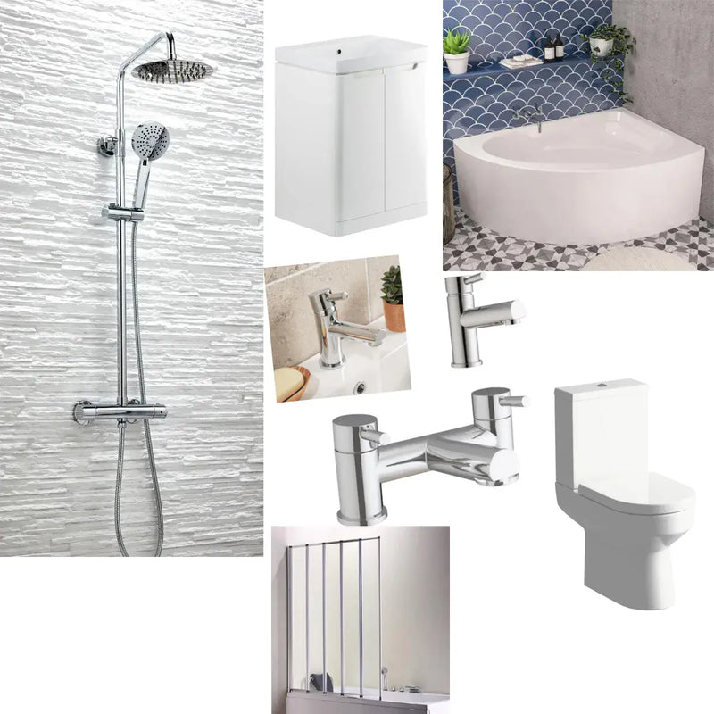 Lundy Corner Bath Pack, Toilet, Basin Unit, Taps and Mixer Shower Pack