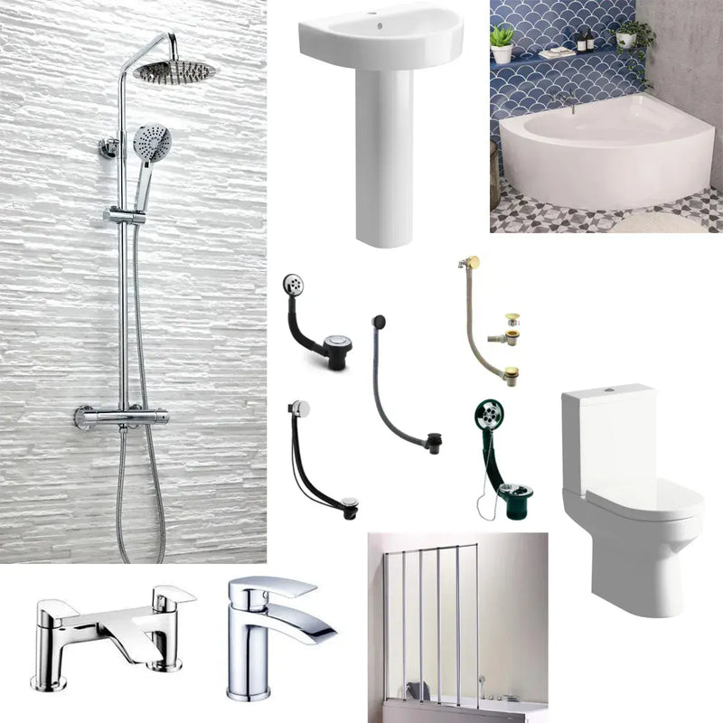 Lundy Corner Bath with Bath Screen, Toilet, Basin, Taps, Wastes and Dual Shower