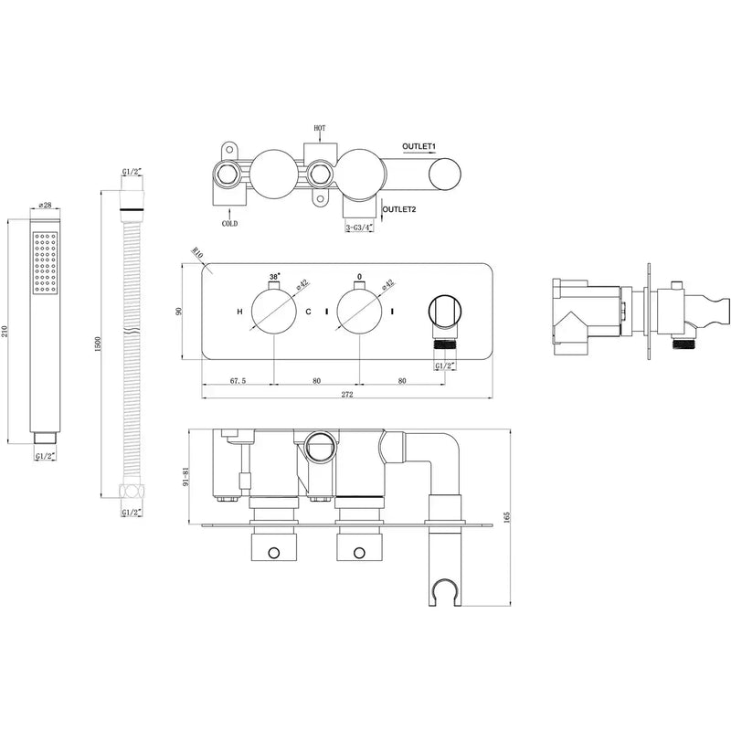 Lunier Shower Pack One - Two Outlet Twin Shower Valve w/Handset & ABS Overhead - Chrome