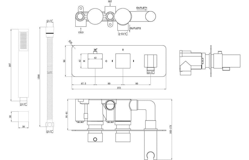 Lyran Thermostatic Shower Valve with Handset, Two Outlet