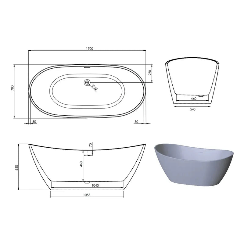 Matt Blue Modern Freestanding Bath 1700 x 780mm