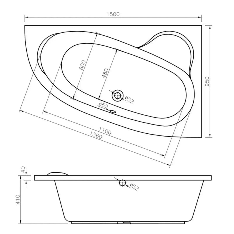 Merrill 1500 x 950mm Offset Corner Bath Left or Right Hand inc Legs & Fixings - Left Hand / Yes