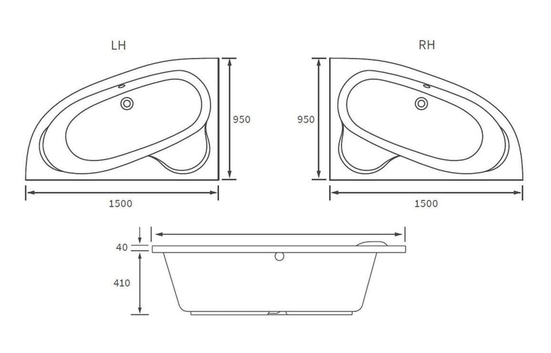 Merrill 1500 x 950mm Offset Corner Bath Left or Right Hand inc Legs & Fixings - Left Hand / No