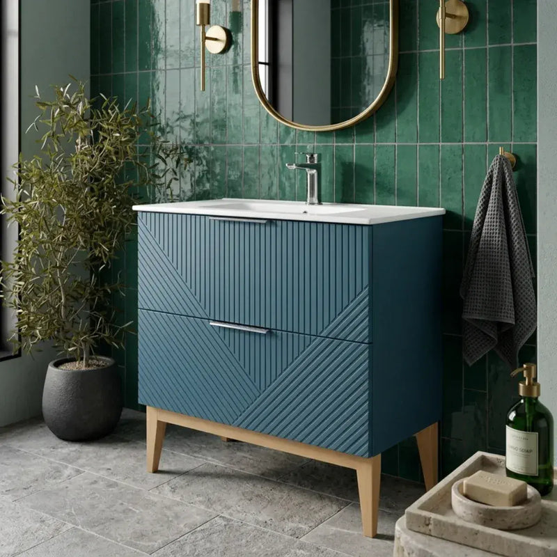 Octavia Matt Smoke Blue 815mm Floor Standing 2 Drawer Basin Unit & Ceramic basin
