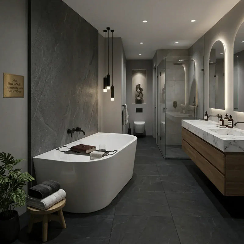 Orien Back to Wall Freestanding Bath 1500 x 750mm with Optional Colour Waste