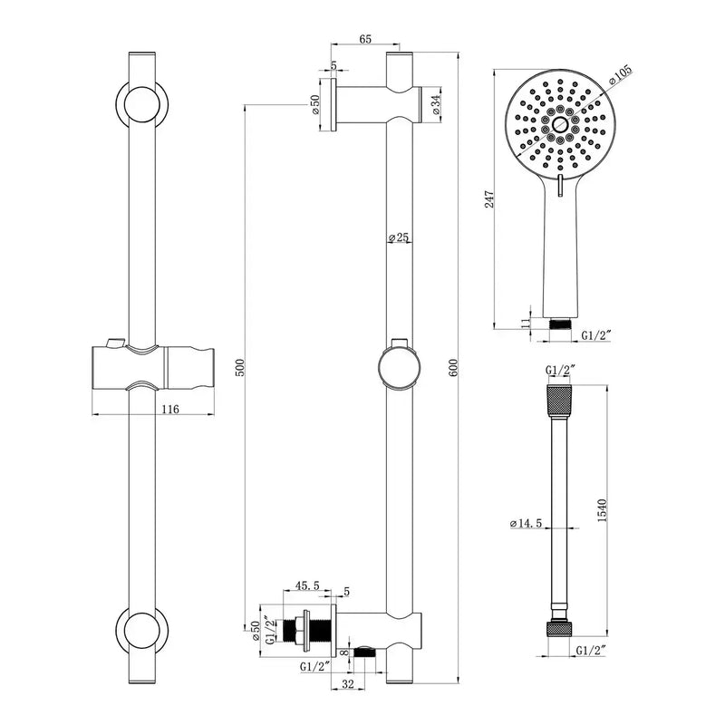 Orla Round Riser Rail Kit w/Elbow & 3 Mode Handset - Chrome