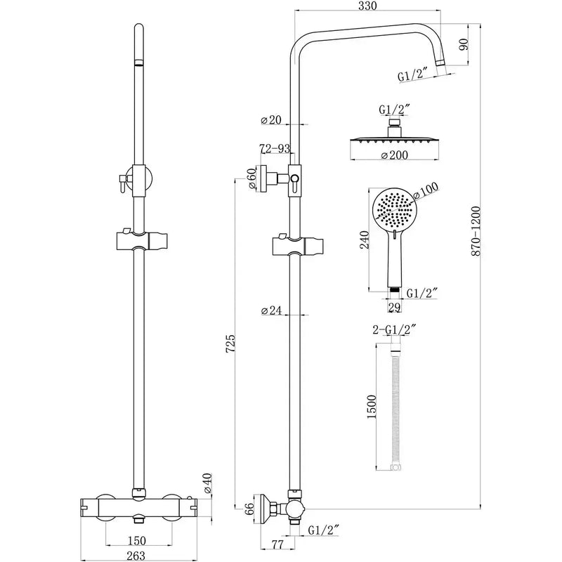 Orla Round Thermostatic Bar Mixer w/Riser Kit - Chrome