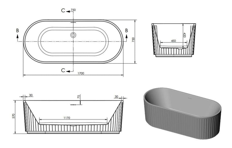 Paradias Fluted Freestanding Bath 1700 x 750mm