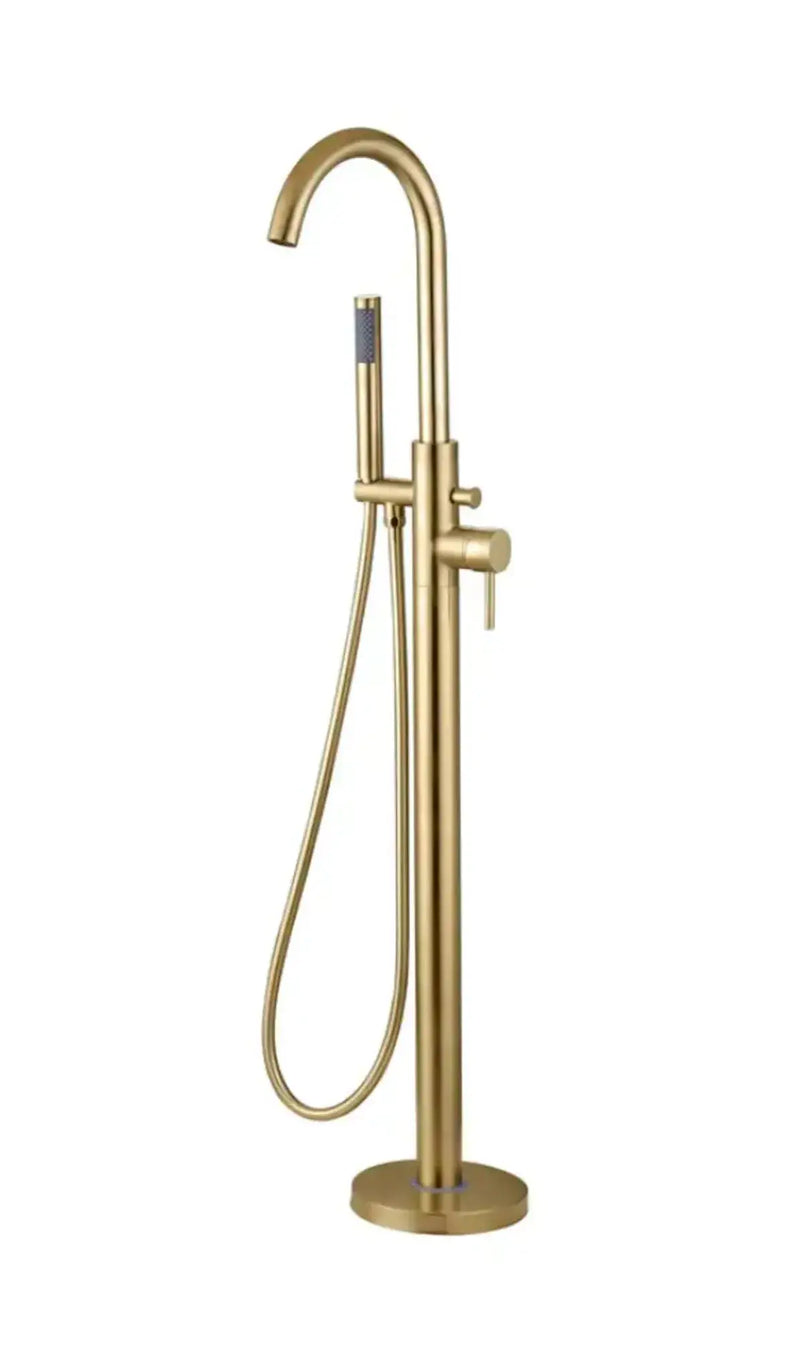 Pesco Floor Standing Bath/Shower Mixer Tap, Brushed Brass, Modern Lever Style