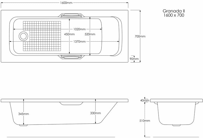 Premium 8mm Reinforced 1600 x 700mm Bath | Twin Grips & Anti-Slip Base