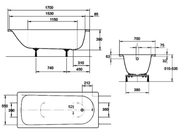 Premium Steel Bath with Grips, Anti-slip Bath, 1700mm x 700mm, White, 2 Tap Holes