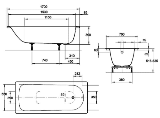 Premium Steel Bath with Grips, Anti-slip Bath, 1700mm x 700mm, White, 2 Tap Holes