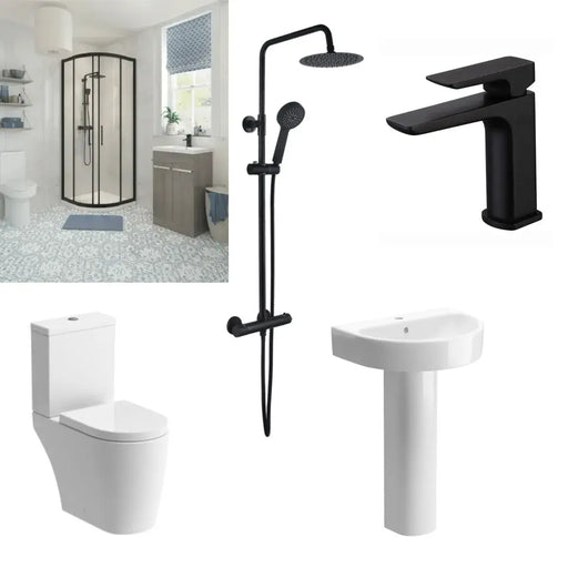 Quadrant Shower Pack with Pedestal Basin, Toilet, Basin Tap and Shower Mixer