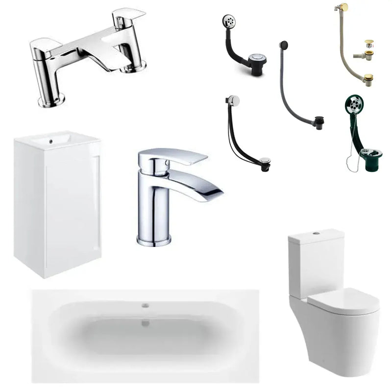Reinforced Emery Round Double Ended Bath, Basin Unit, Close Coupled Toilet, Taps, Wastes