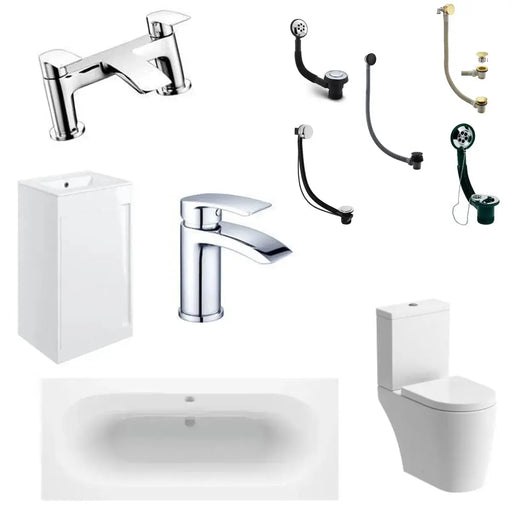 Reinforced Emery Round Double Ended Bath, Basin Unit, Close Coupled Toilet, Taps, Wastes