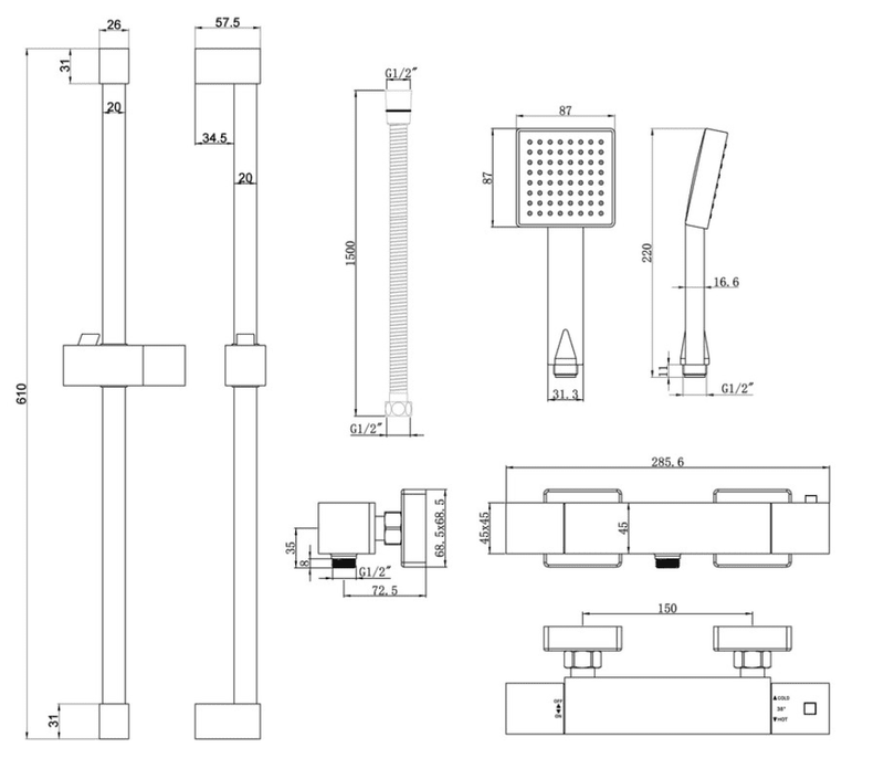 Revatin Cool Touch Thermostatic Bar Mixer Shower, Square