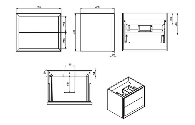 Riser 615mm 2 Drawer Wall Hung Basin Unit, Matt Cotton