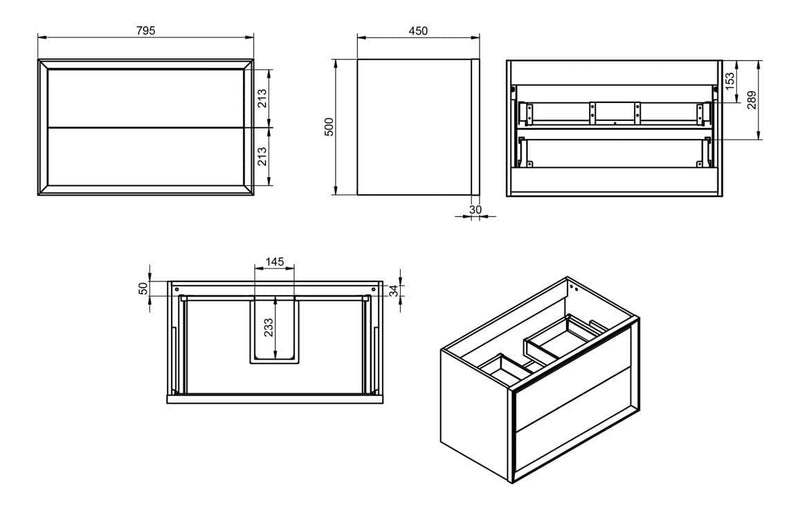 Riser 815mm 2 Drawer Wall Hung Basin Unit, Matt Storm Blue