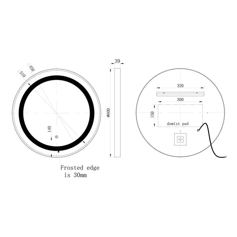 Round Mirror, 600mm, Brushed Bronze, Front Lit, LED