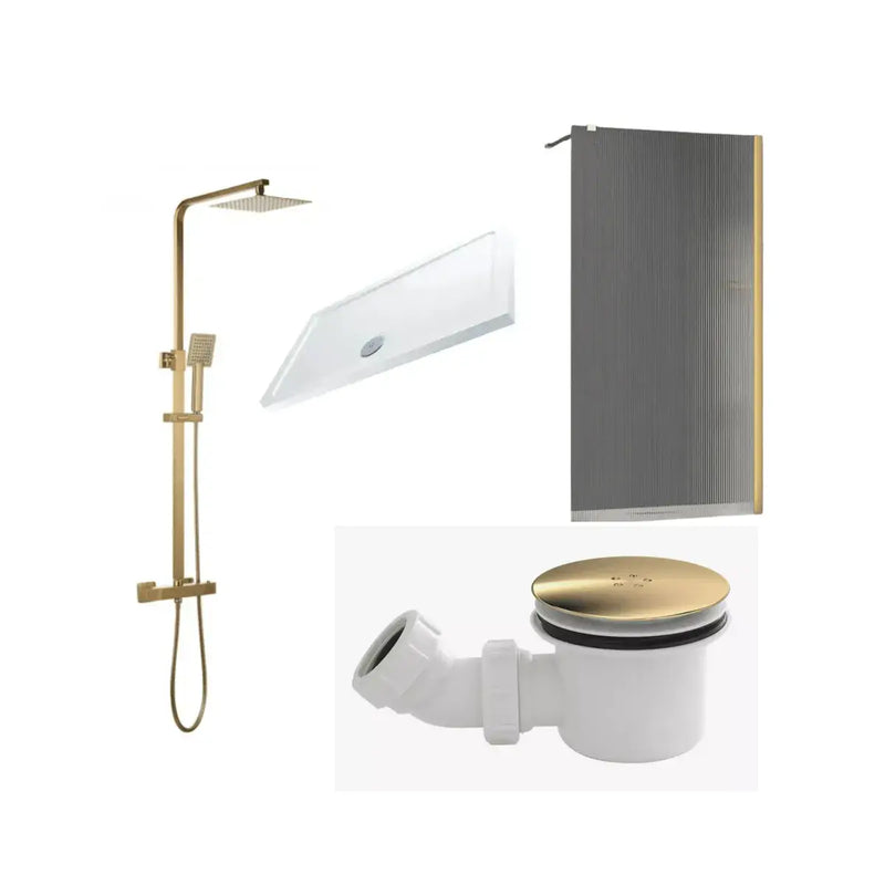 Saturn Brushed Brass Fluted Shower Screen with Shower, Extra Large Tray & Waste