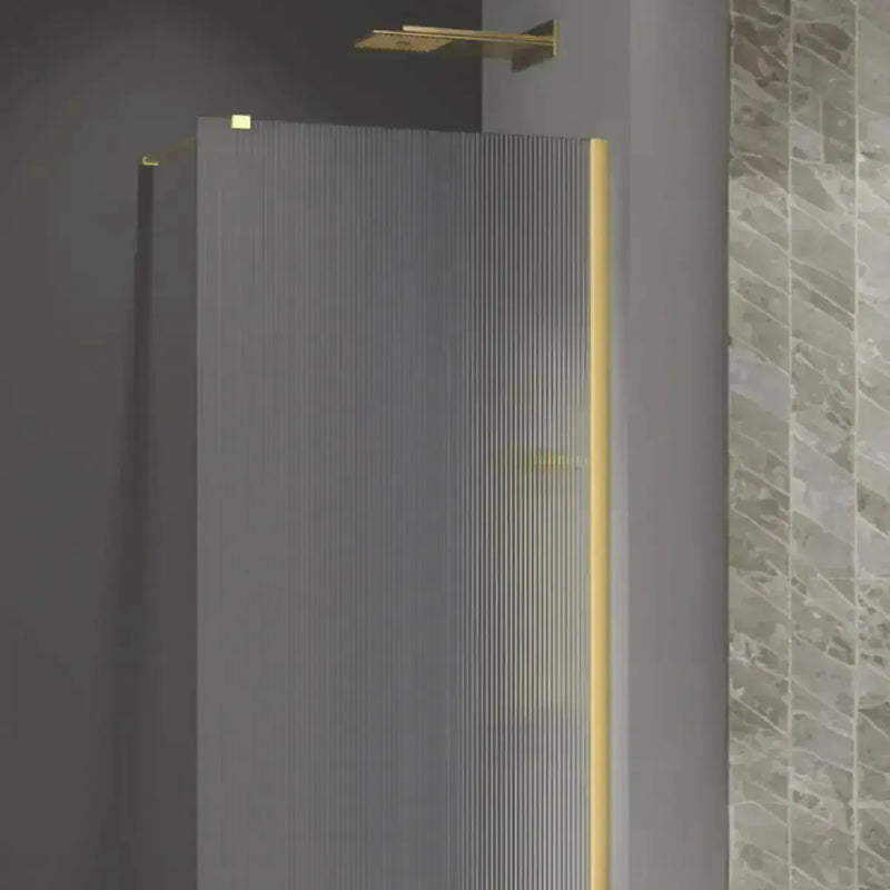 Saturn Brushed Brass Fluted Shower Screen with Shower, Extra Large Tray & Waste