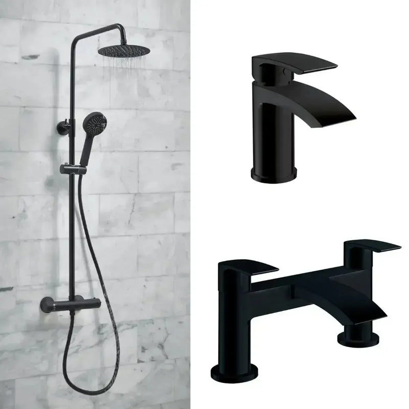 Serpens Bathroom Pack with 1650x700mm Bath, Toilet, Basin, Black Dual Shower and Taps