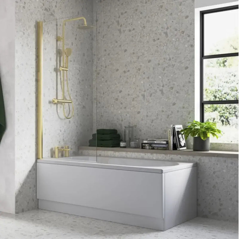 Serpens Brushed Brass Full Bathroom Pack with, Taps, Bath Screen and Dual Shower