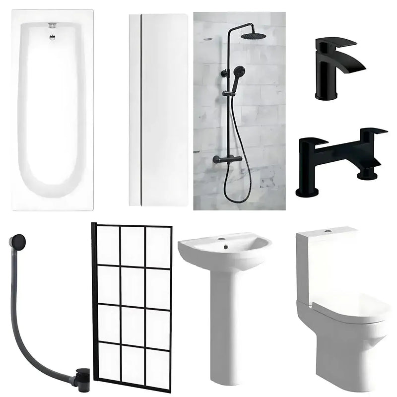 Serpens Matt Black Full Bathroom Pack with Bath Screen, Taps and Dual Shower