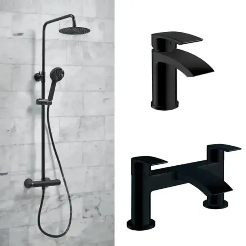 Serpens Matt Black Full Bathroom Pack with Bath Screen, Taps and Dual Shower