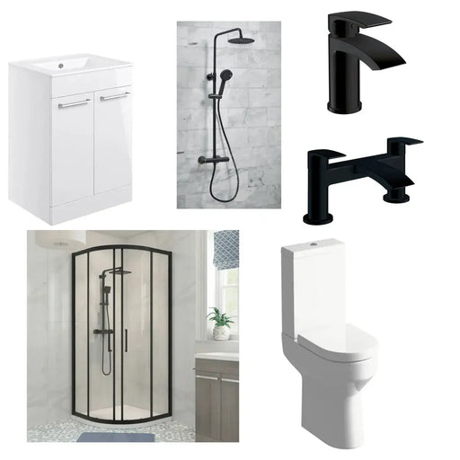 Serpens Matt Black Quadrant Shower Enclosure Pack with Vanity Unit, Toilet, Taps and Dual Shower