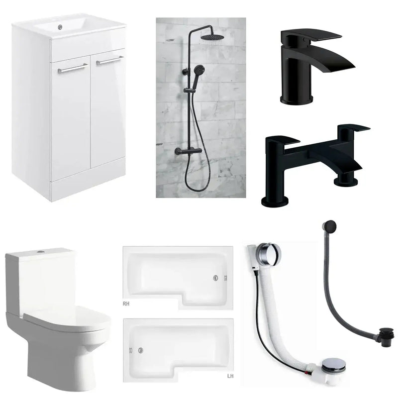Serpens Matt Black Vanity Unit Bathroom Pack with L Shape Shower Bath and Dual Shower
