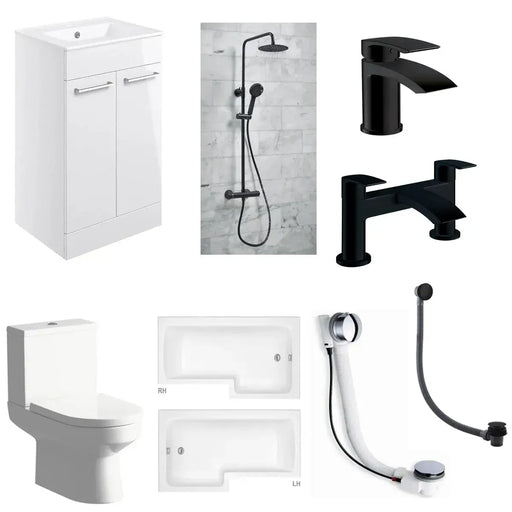 Serpens Matt Black Vanity Unit Bathroom Pack with L Shape Shower Bath and Dual Shower