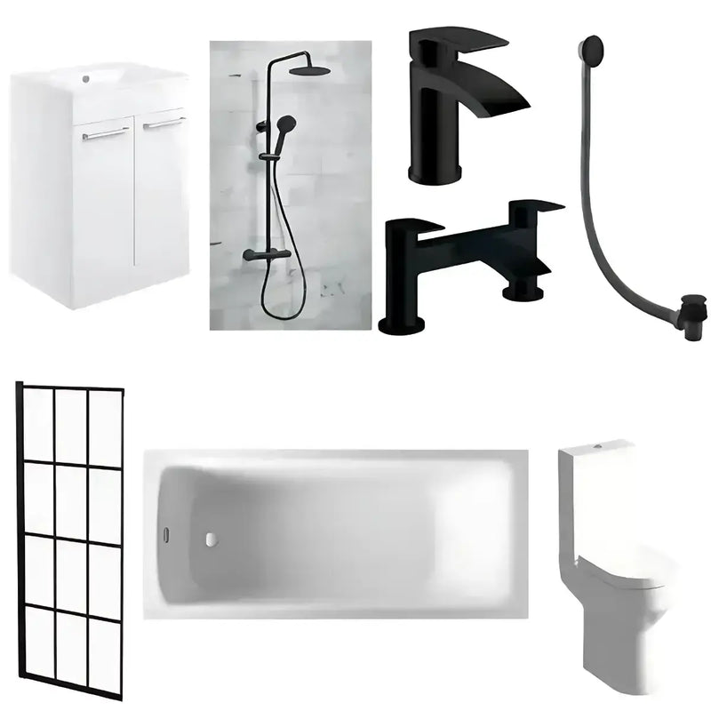Serpens Vanity Unit Bathroom Pack with 1650x700mm Bath, Matt Black Screen and Dual Shower