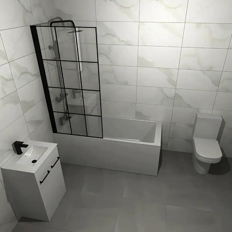 Serpens Vanity Unit Bathroom Pack with 1700x700mm Bath, Matt Black Screen and Dual Shower