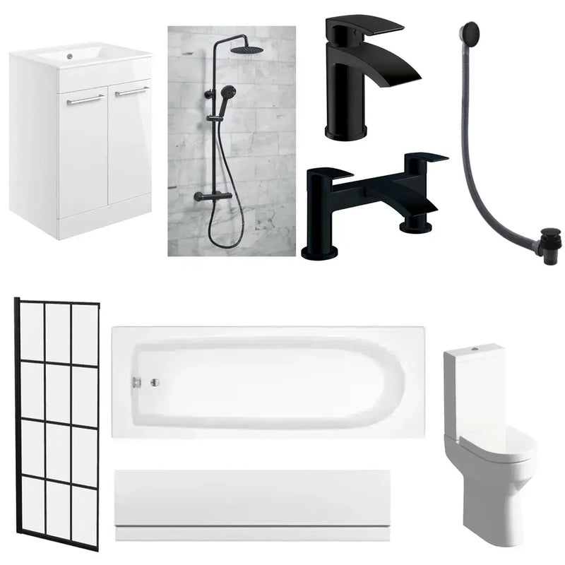 Serpens Vanity Unit Bathroom Pack with 1700x700mm Bath, Matt Black Screen and Dual Shower