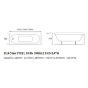 Single Ended Premium Steel Bath, Various Lengths, with 2 Tap Holes - 1600mm