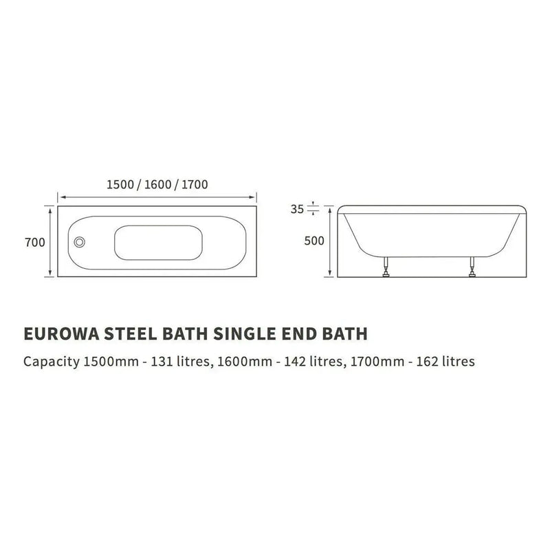 Single Ended Premium Steel Bath, Various Lengths, with 2 Tap Holes - 1700mm