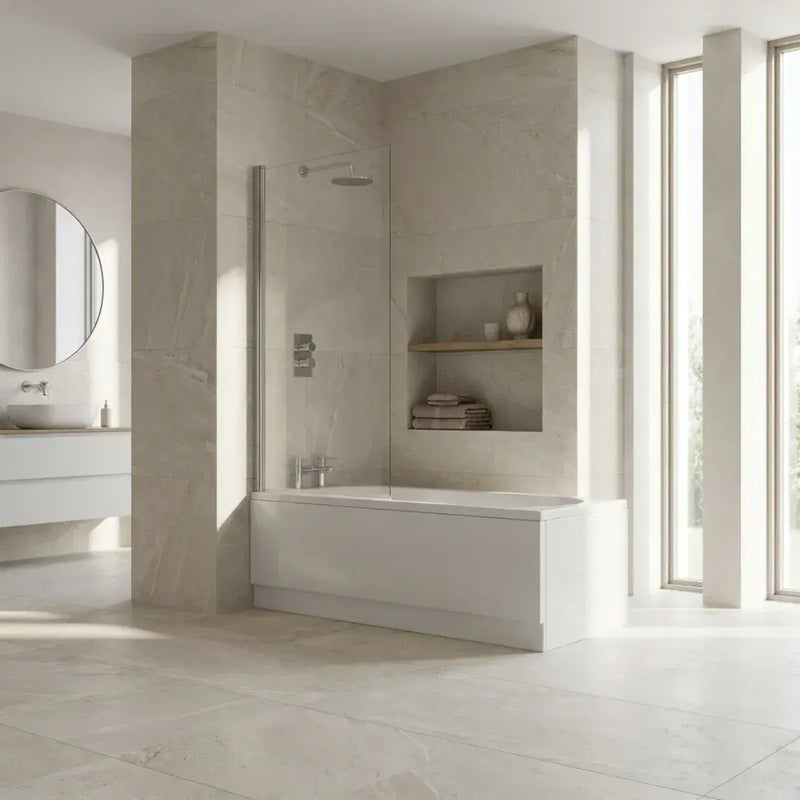 Single Straight Bath Screen with Towel Rail - Chrome Wall Profile