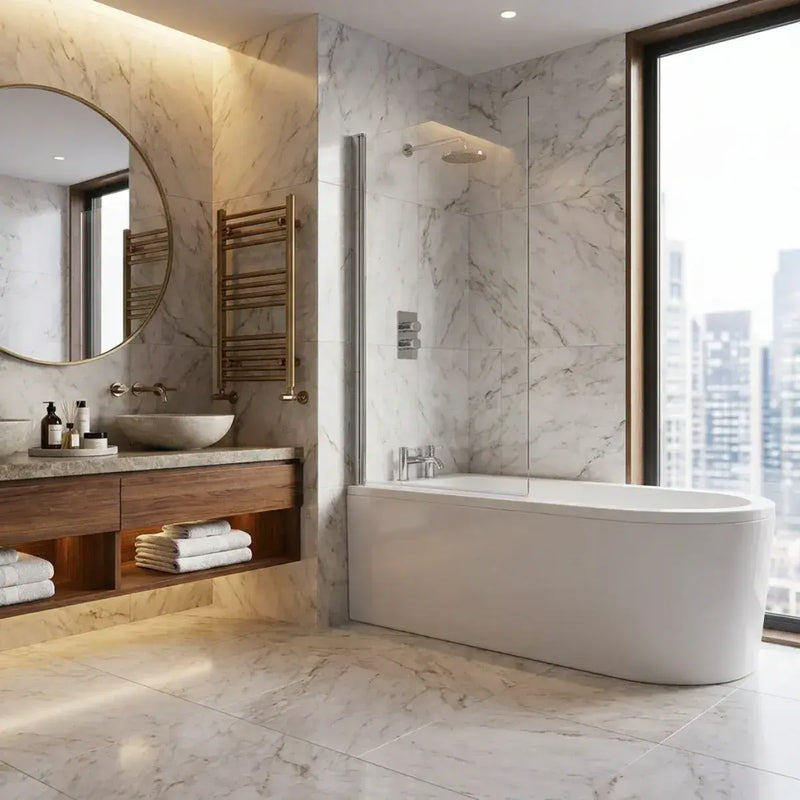Single Straight Bath Screen with Towel Rail - Chrome Wall Profile