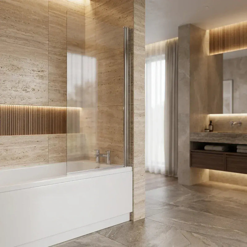 Single Straight Bath Screen with Towel Rail - Chrome Wall Profile
