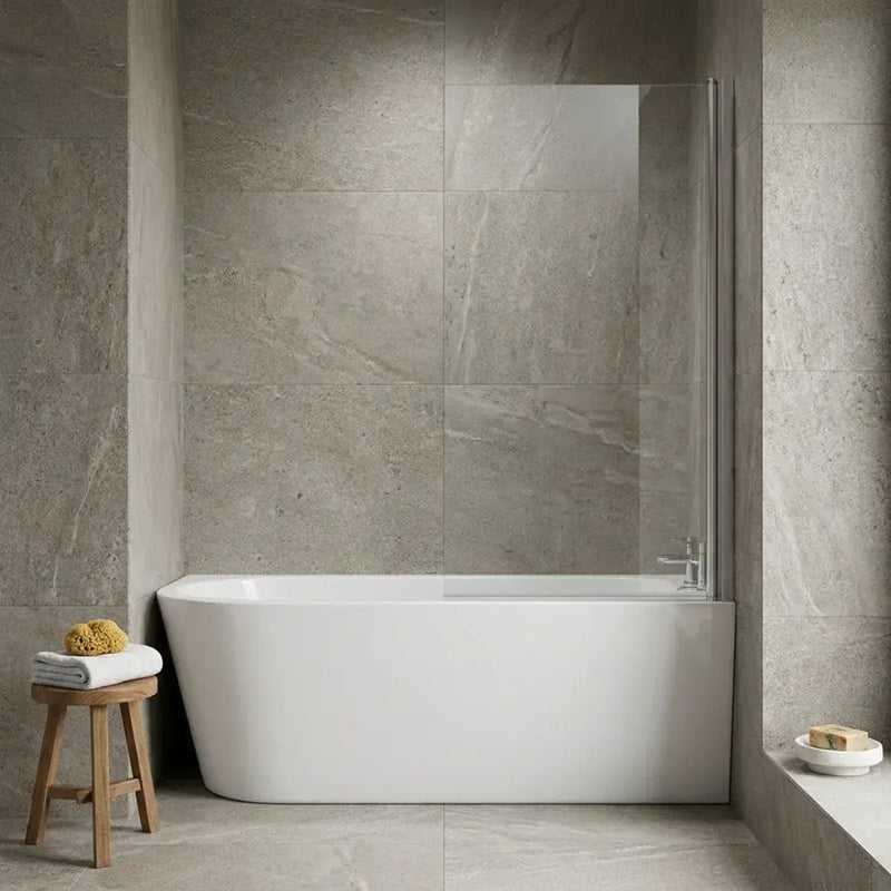 Single Straight Bath Screen with Towel Rail - Chrome Wall Profile
