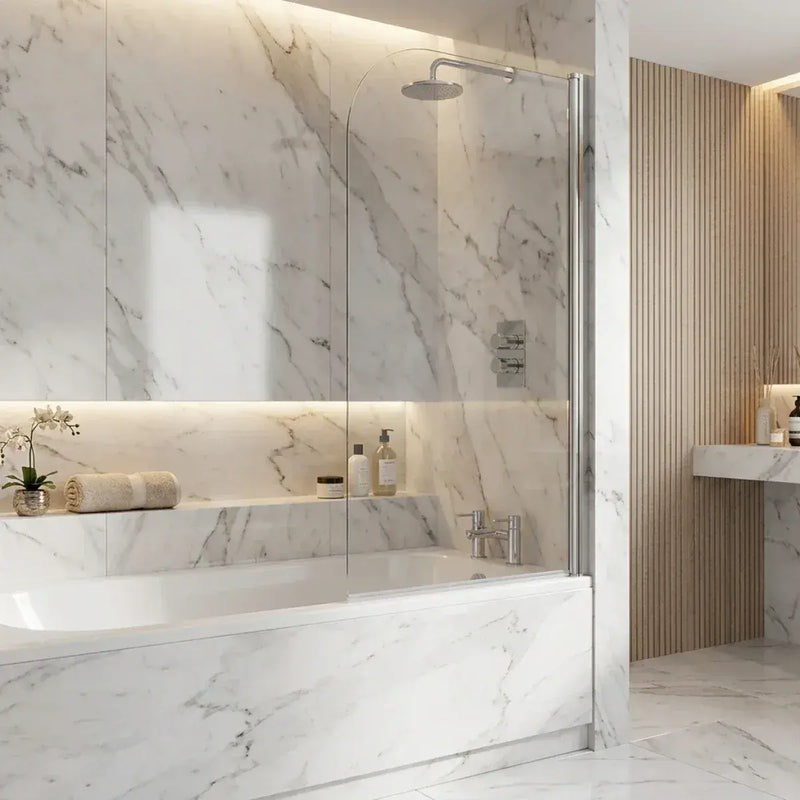 Single Straight Curved Top Bath Screen - Chrome Wall Profile