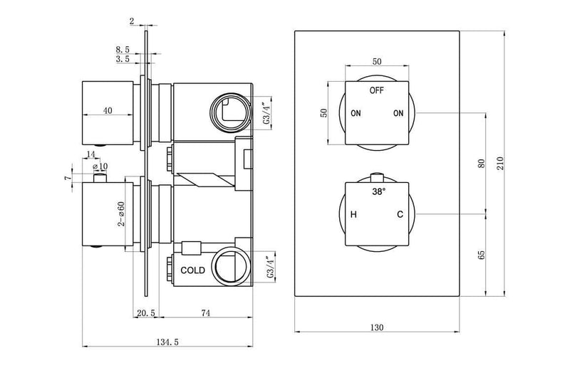 Square Brushed Brass Concealed Shower Pack with Heads. Twin Outlet - BIV