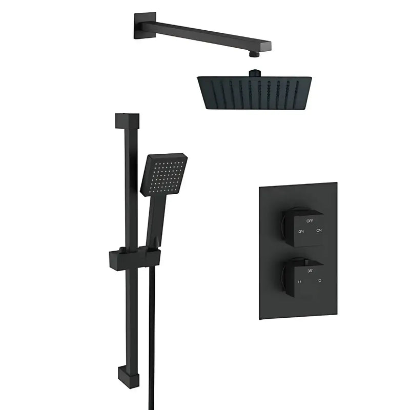 Square Matt Black Concealed Shower Pack with Heads. Twin Outlet - BIV