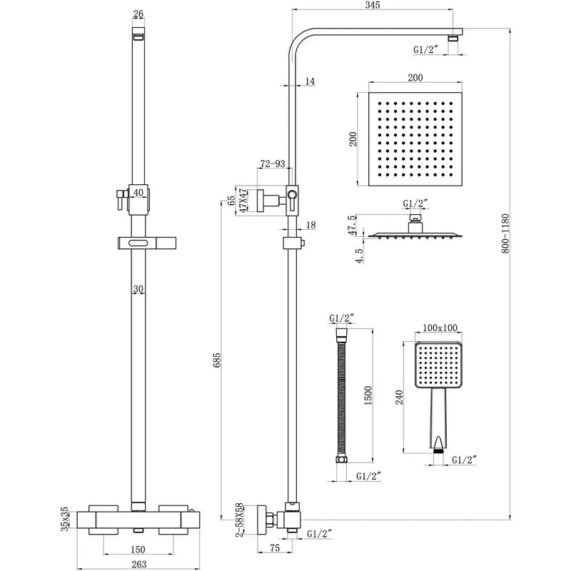 Square Thermostatic Bar Mixer w/Riser Kit - Chrome