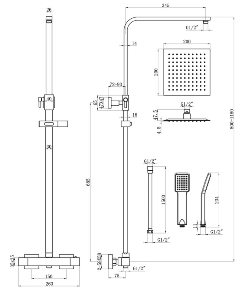 Square Thermostatic Bar Mixer with Riser Kit, Matt Black