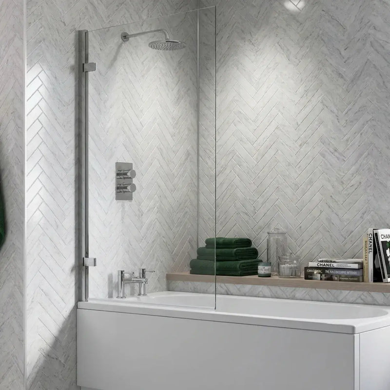 Square Top Hinged Bath Screen | 1500mm High | Easy Clean Toughened Safety Glass