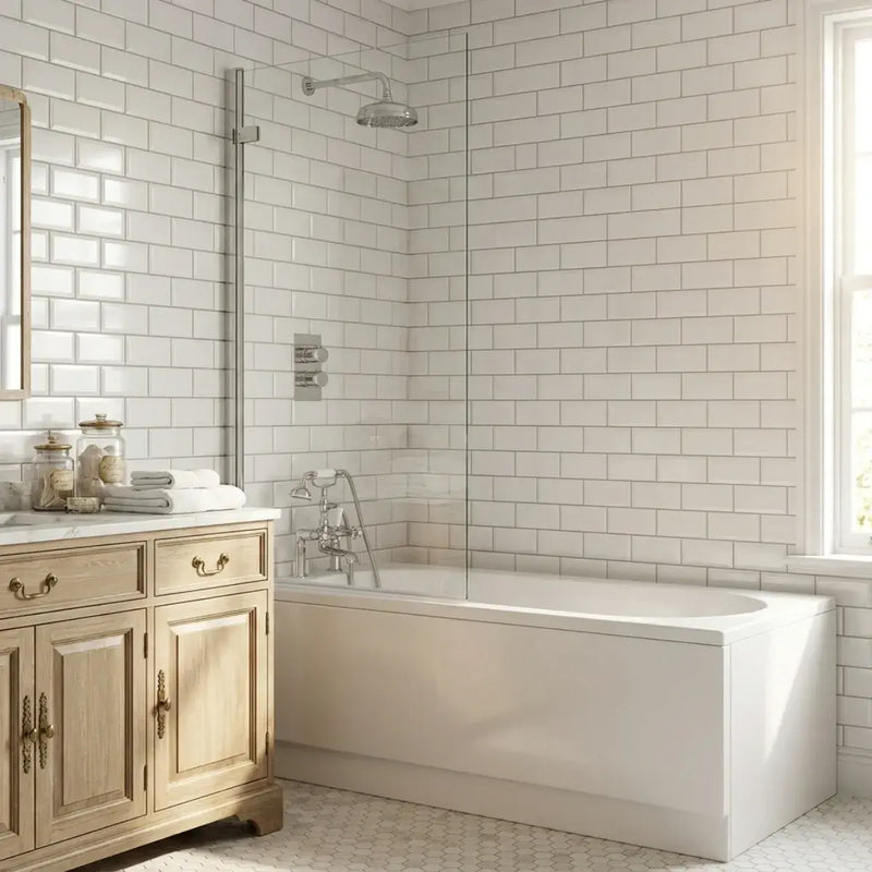 Square Top Hinged Bath Screen | 1500mm High | Easy Clean Toughened Safety Glass