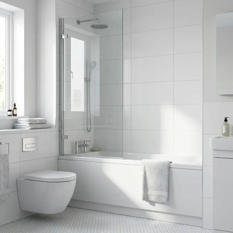 Square Top Hinged Bath Screen | 1500mm High | Easy Clean Toughened Safety Glass
